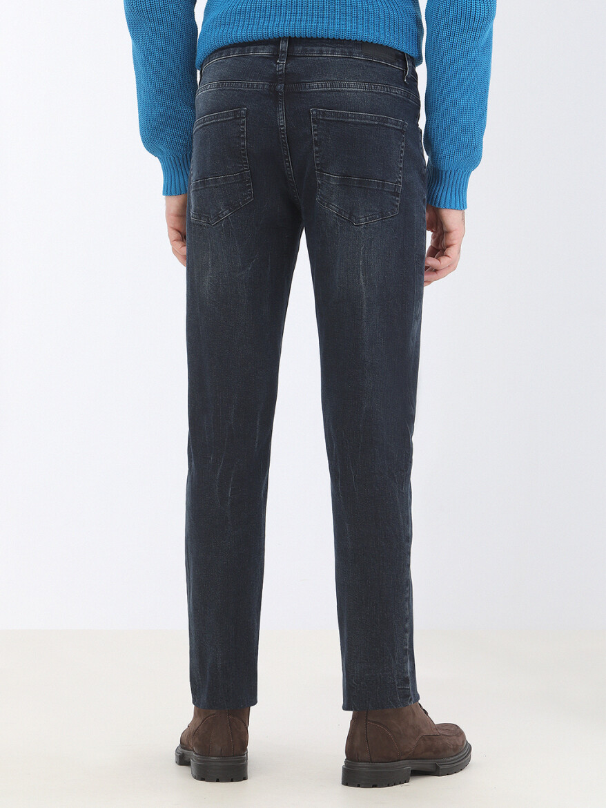 Navy Blue Slim Fit Denim Cotton Blended Trousers - 5