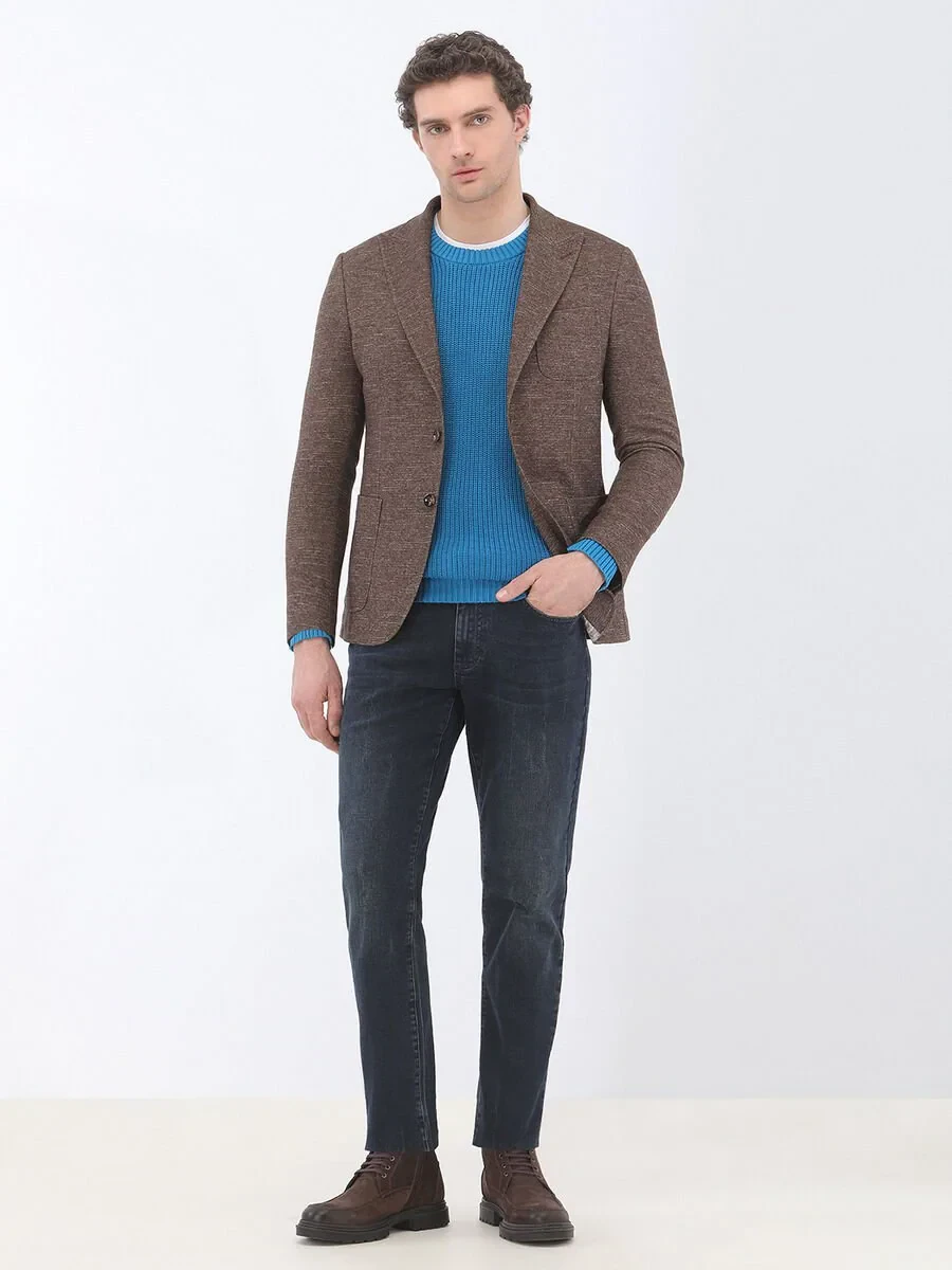 Navy Blue Slim Fit Denim Cotton Blended Trousers - 3