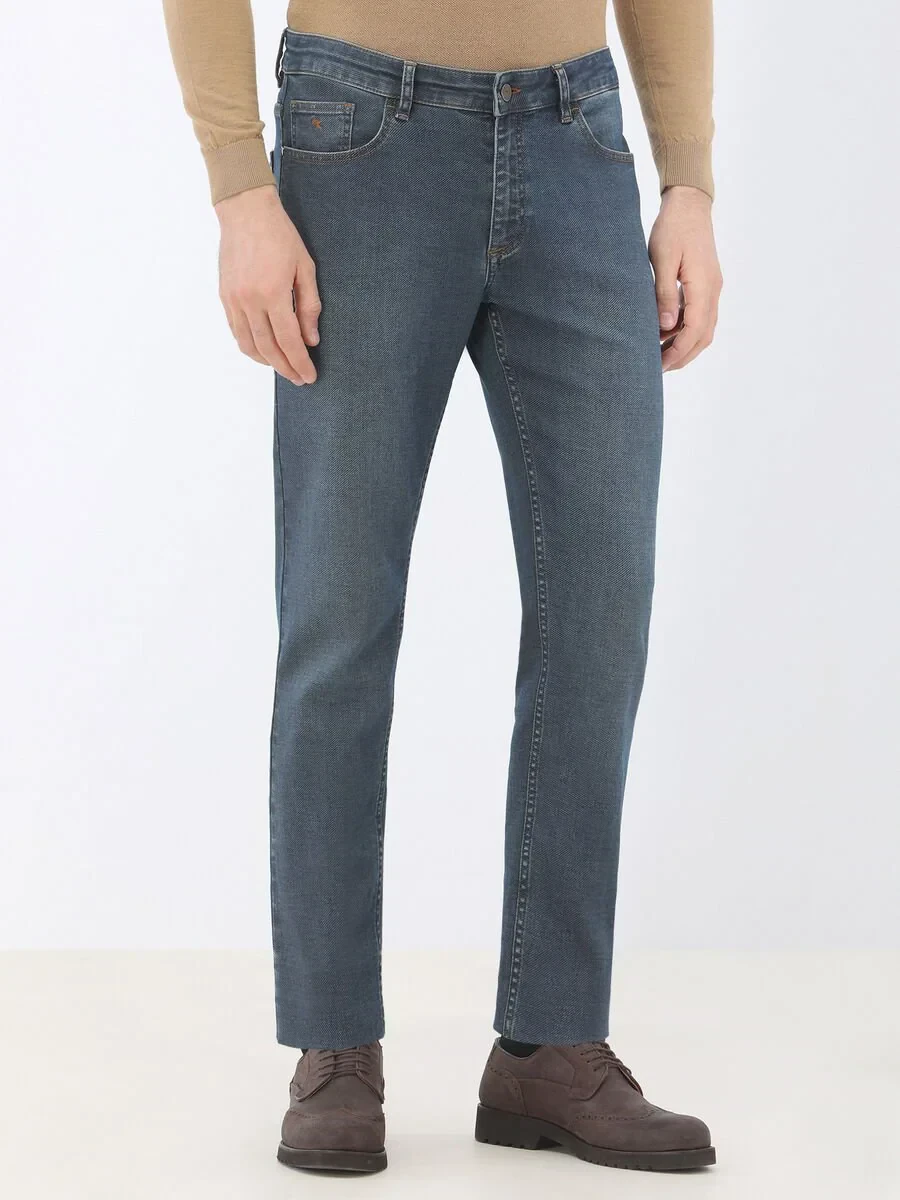 Navy Blue Slim Fit Denim Cotton Blended Trousers - 1