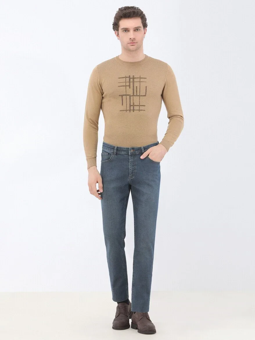 Navy Blue Slim Fit Denim Cotton Blended Trousers - 2