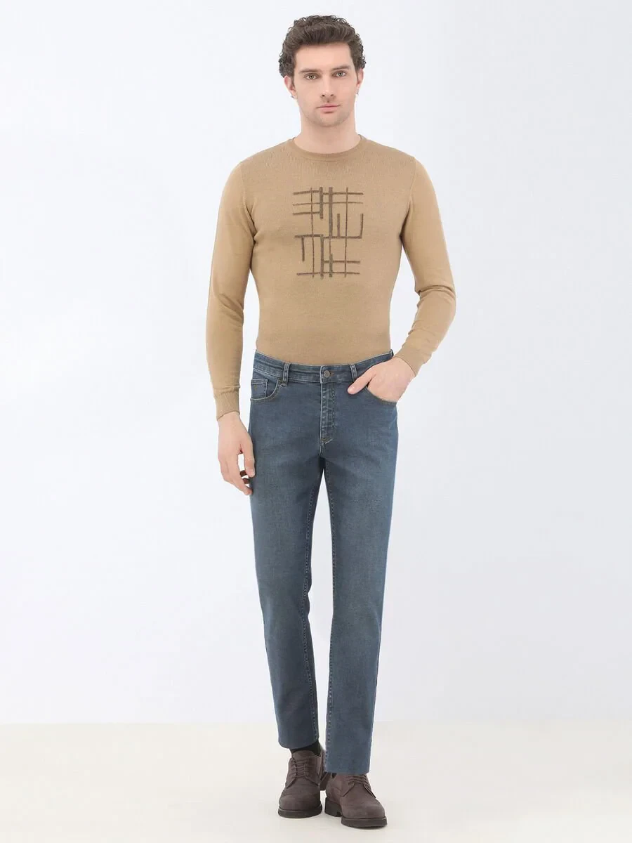 Navy Blue Slim Fit Denim Cotton Blended Trousers - 2