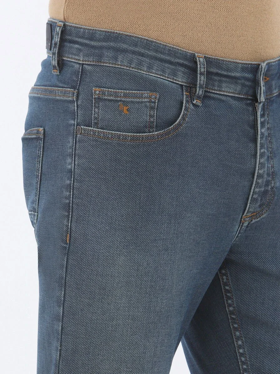 Navy Blue Slim Fit Denim Cotton Blended Trousers - 3