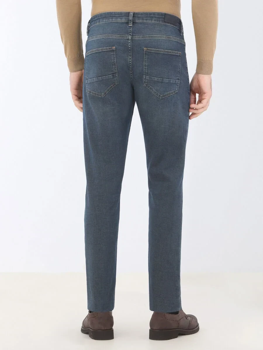 Navy Blue Slim Fit Denim Cotton Blended Trousers - 4