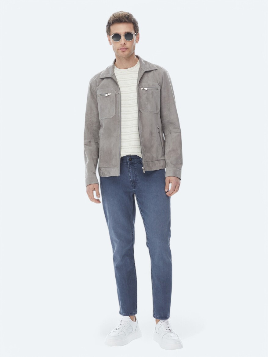 Navy Blue Slim Fit Denim Cotton Blended Trousers - 1