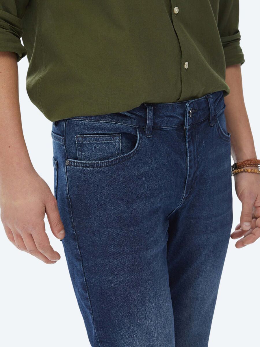 Navy Blue Slim Fit Denim Cotton Blended Trousers - 4