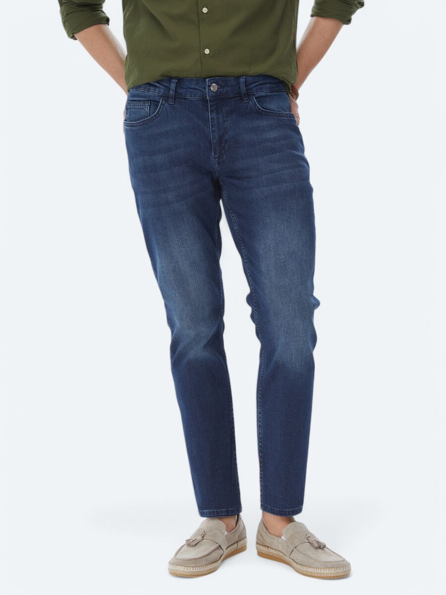 Navy Blue Slim Fit Denim Cotton Blended Trousers - 5