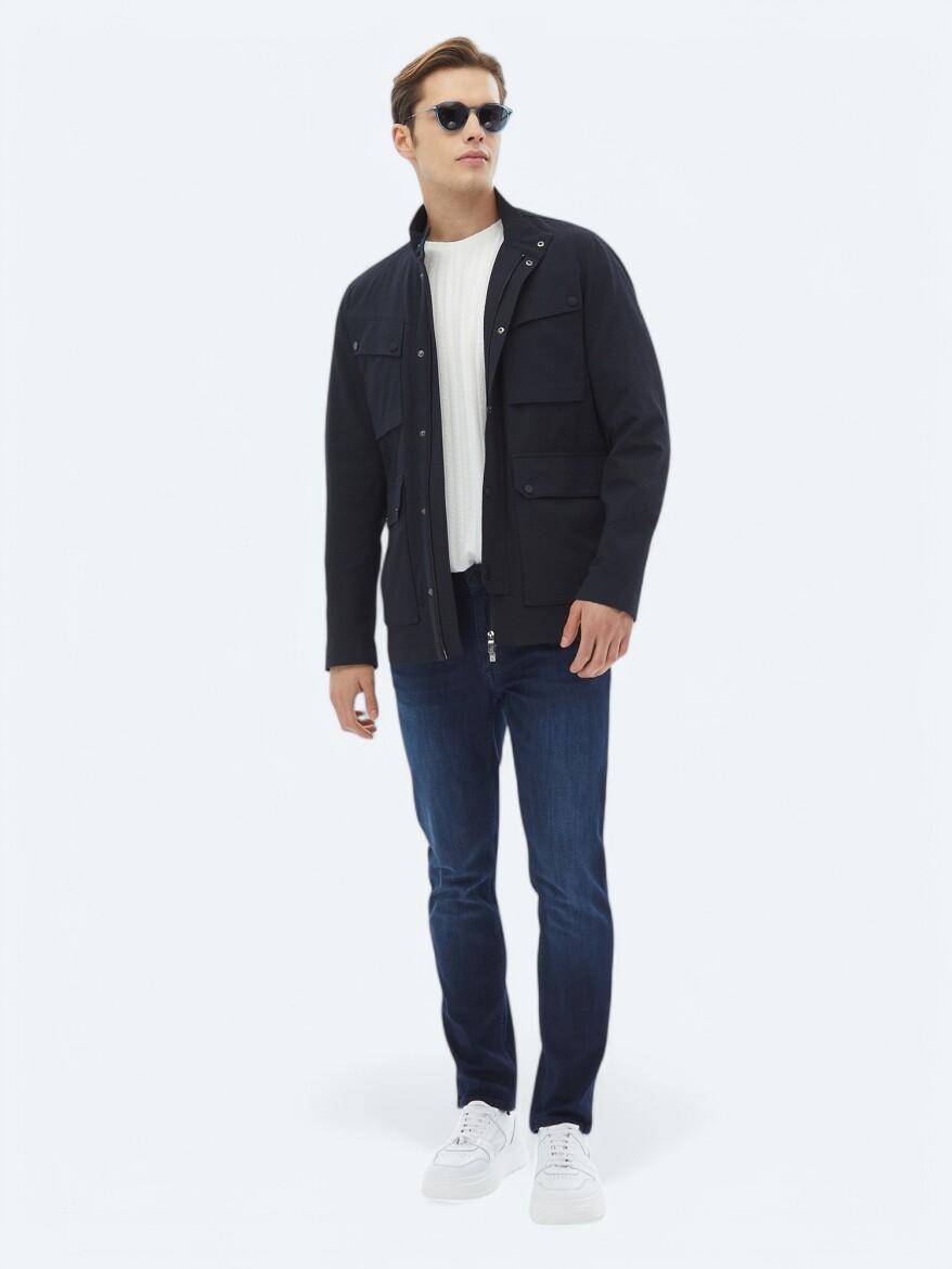 Navy Blue Slim Fit Denim Cotton Blended Trousers - 1