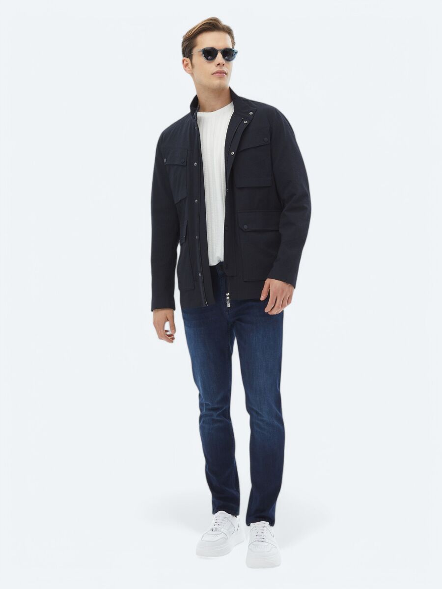 Navy Blue Slim Fit Denim Cotton Blended Trousers - 1