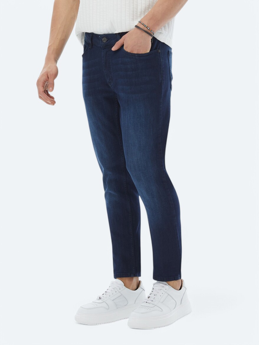 Navy Blue Slim Fit Denim Cotton Blended Trousers - 2