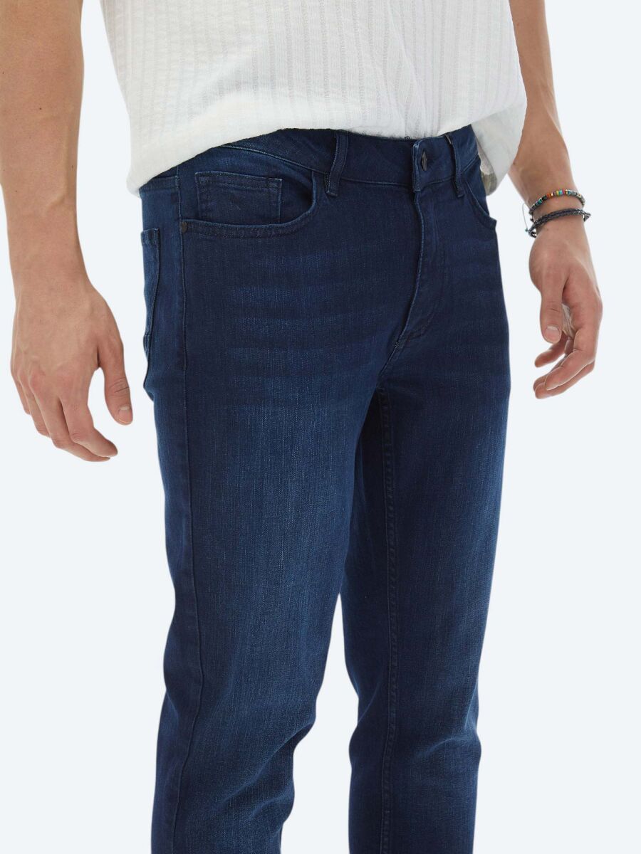 Navy Blue Slim Fit Denim Cotton Blended Trousers - 4