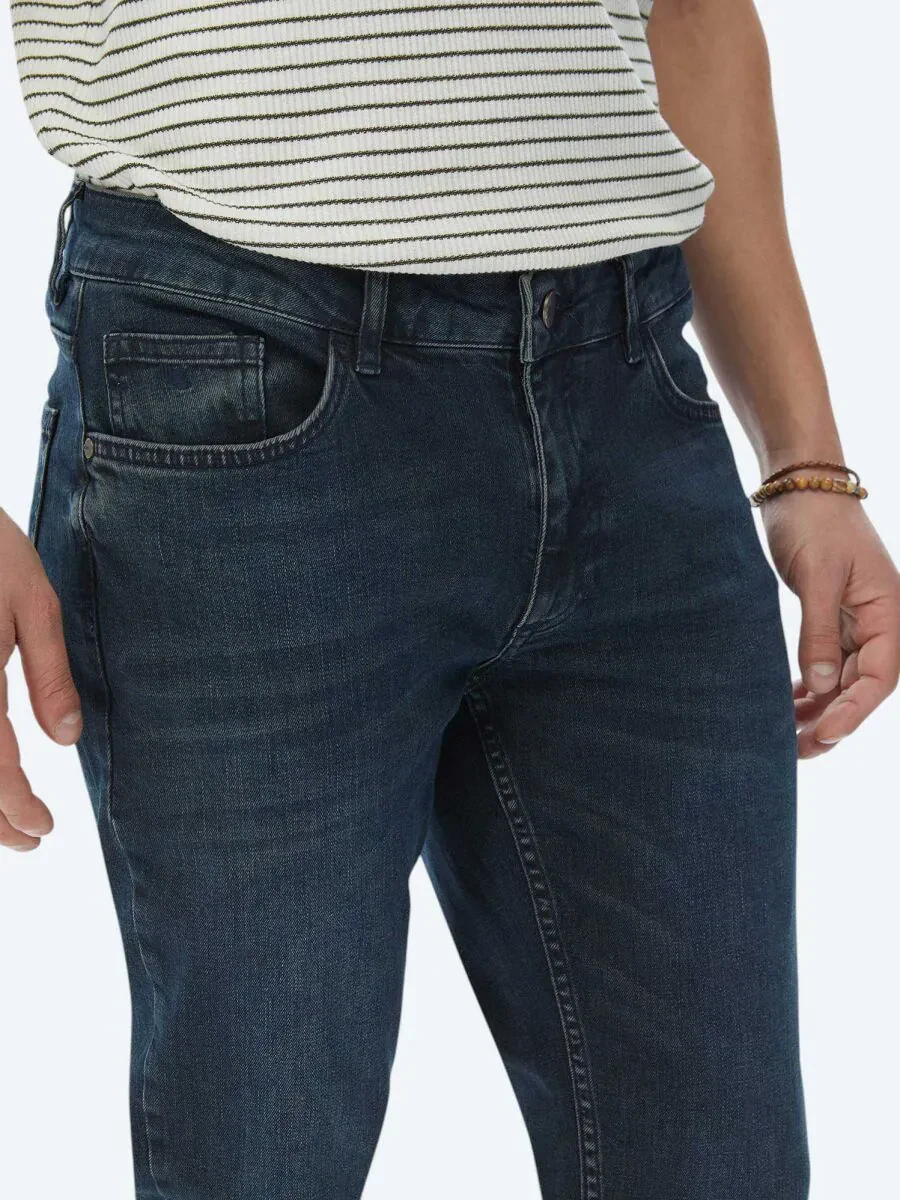 Navy Blue Slim Fit Denim Cotton Blended Trousers - 4