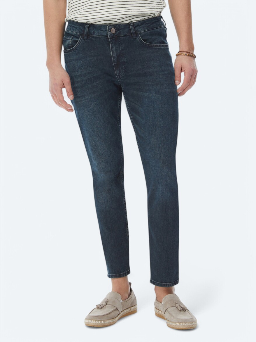 Navy Blue Slim Fit Denim Cotton Blended Trousers - 3