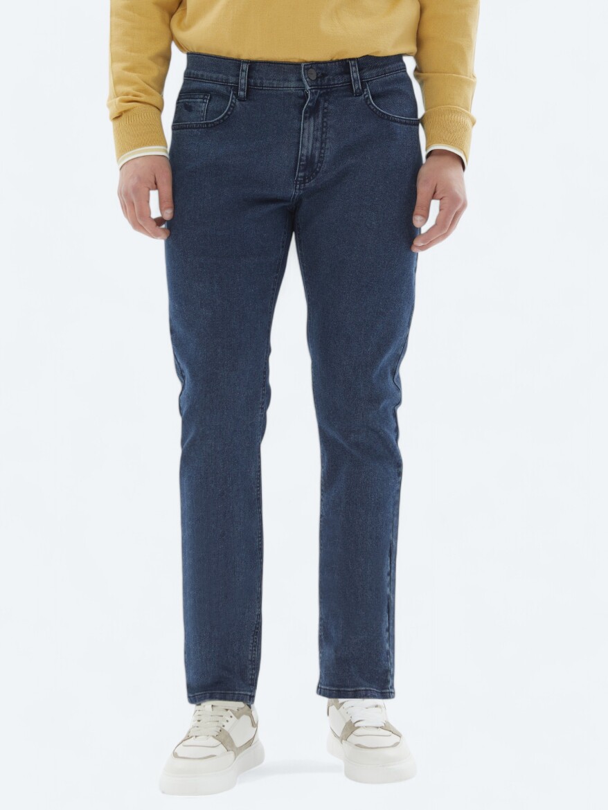 Navy Blue Slim Fit Denim Cotton Blended Trousers - 2