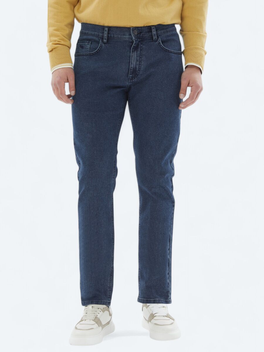 Navy Blue Slim Fit Denim Cotton Blended Trousers - 2