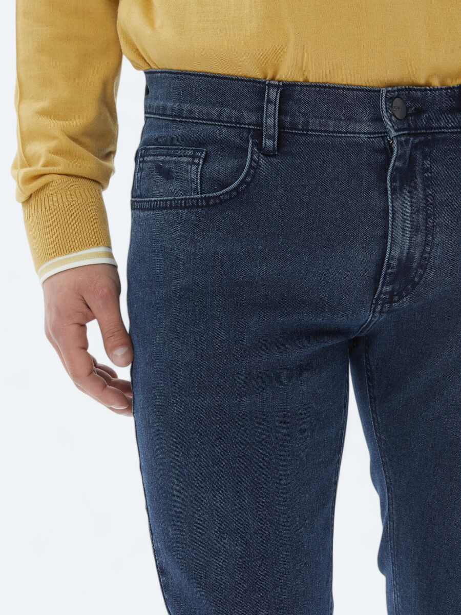 Navy Blue Slim Fit Denim Cotton Blended Trousers - 4