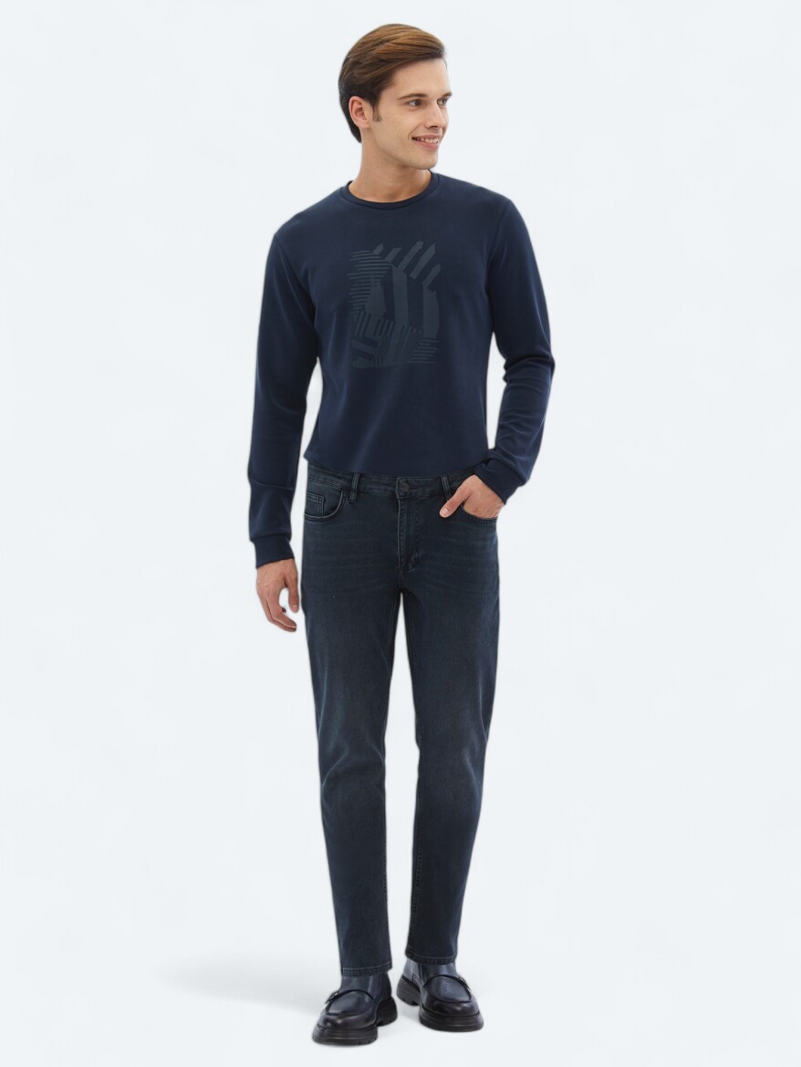 Navy Blue Slim Fit Denim Cotton Blended Trousers - 1
