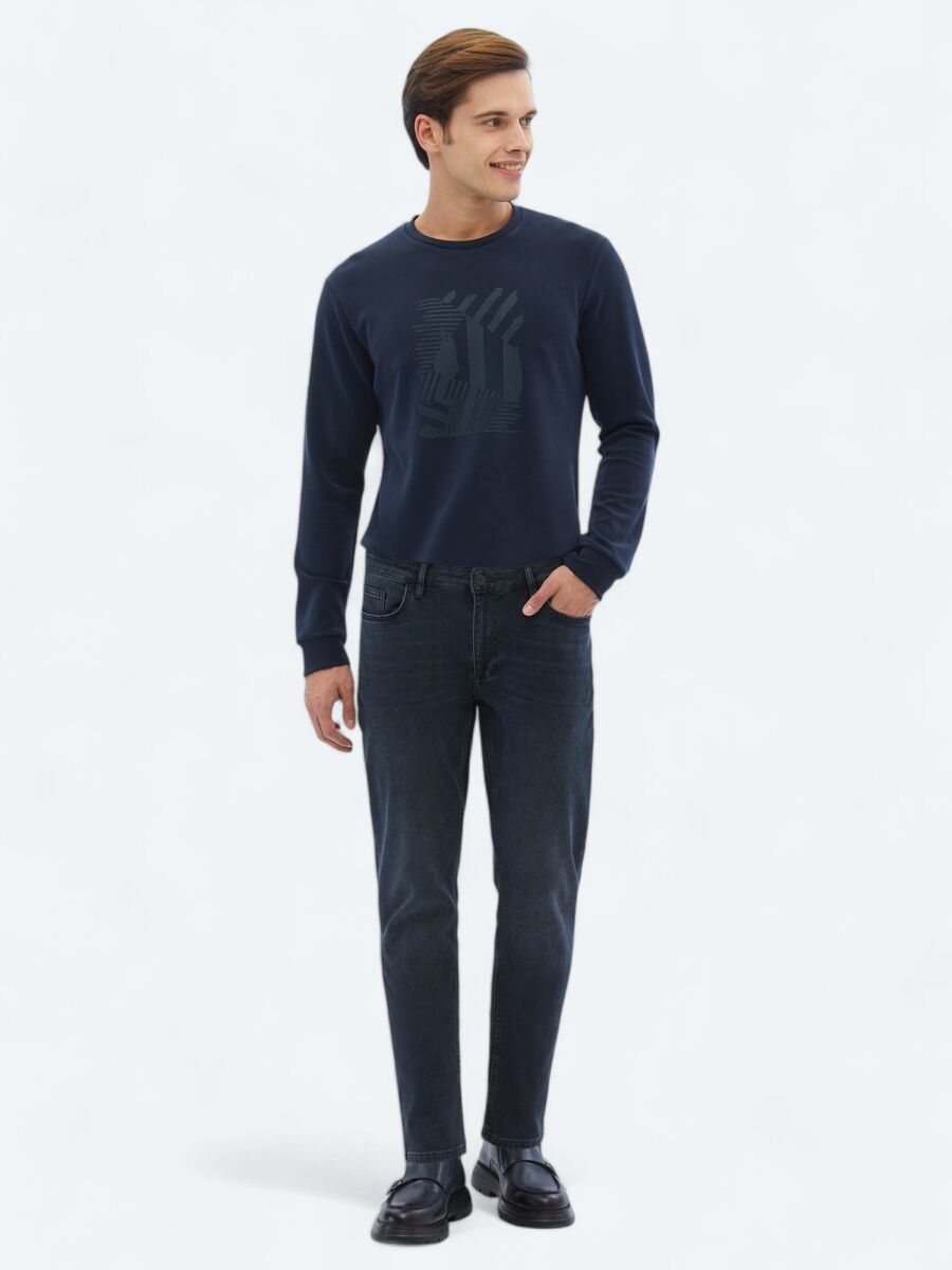 Navy Blue Slim Fit Denim Cotton Blended Trousers - 1