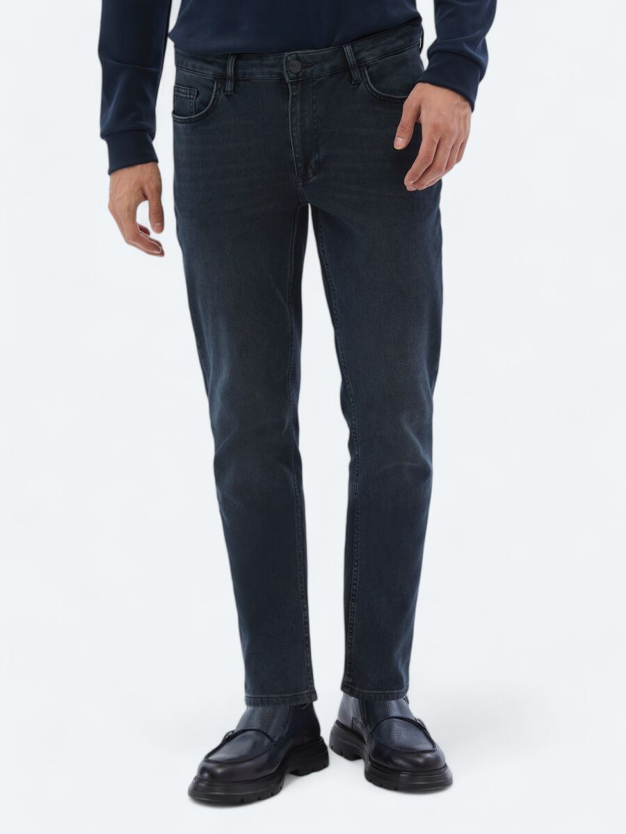 Navy Blue Slim Fit Denim Cotton Blended Trousers - 2