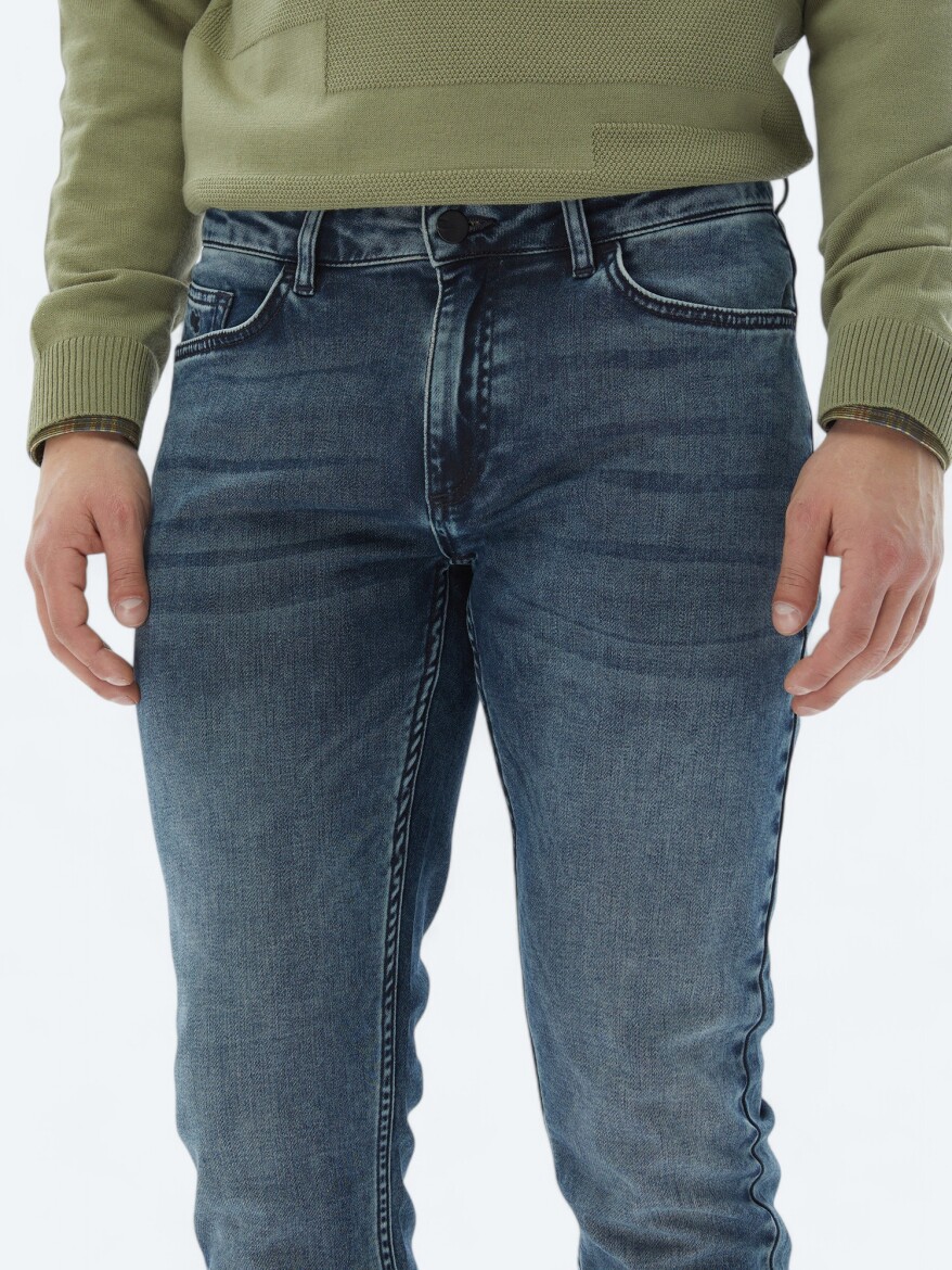 Navy Blue Slim Fit Denim Cotton Blended Trousers - 3