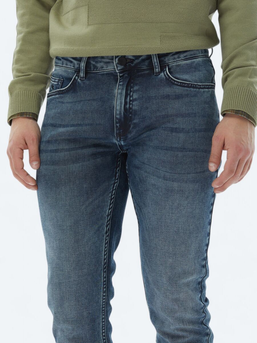 Navy Blue Slim Fit Denim Cotton Blended Trousers - 3