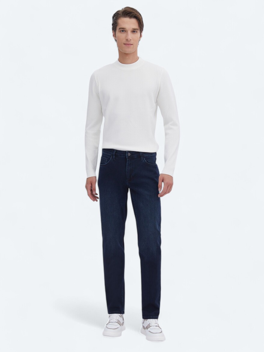 Navy Blue Slim Fit Denim Cotton Blended Trousers 