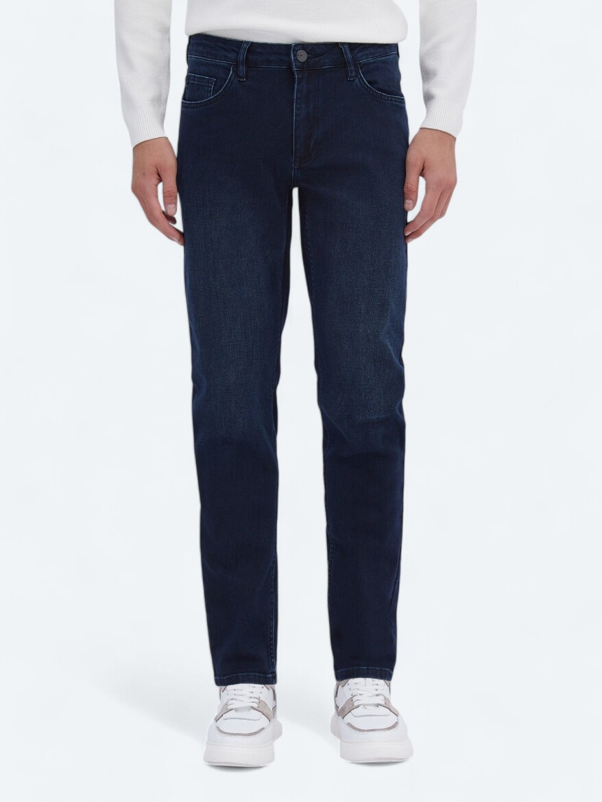 Navy Blue Slim Fit Denim Cotton Blended Trousers - 3