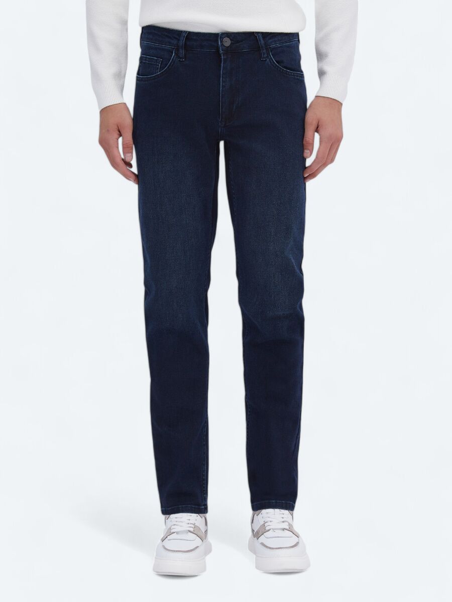 Navy Blue Slim Fit Denim Cotton Blended Trousers - 3