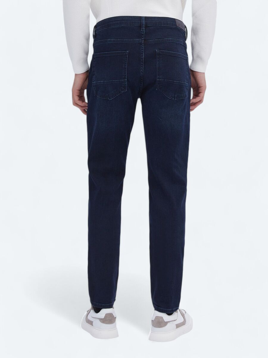 Navy Blue Slim Fit Denim Cotton Blended Trousers - 5