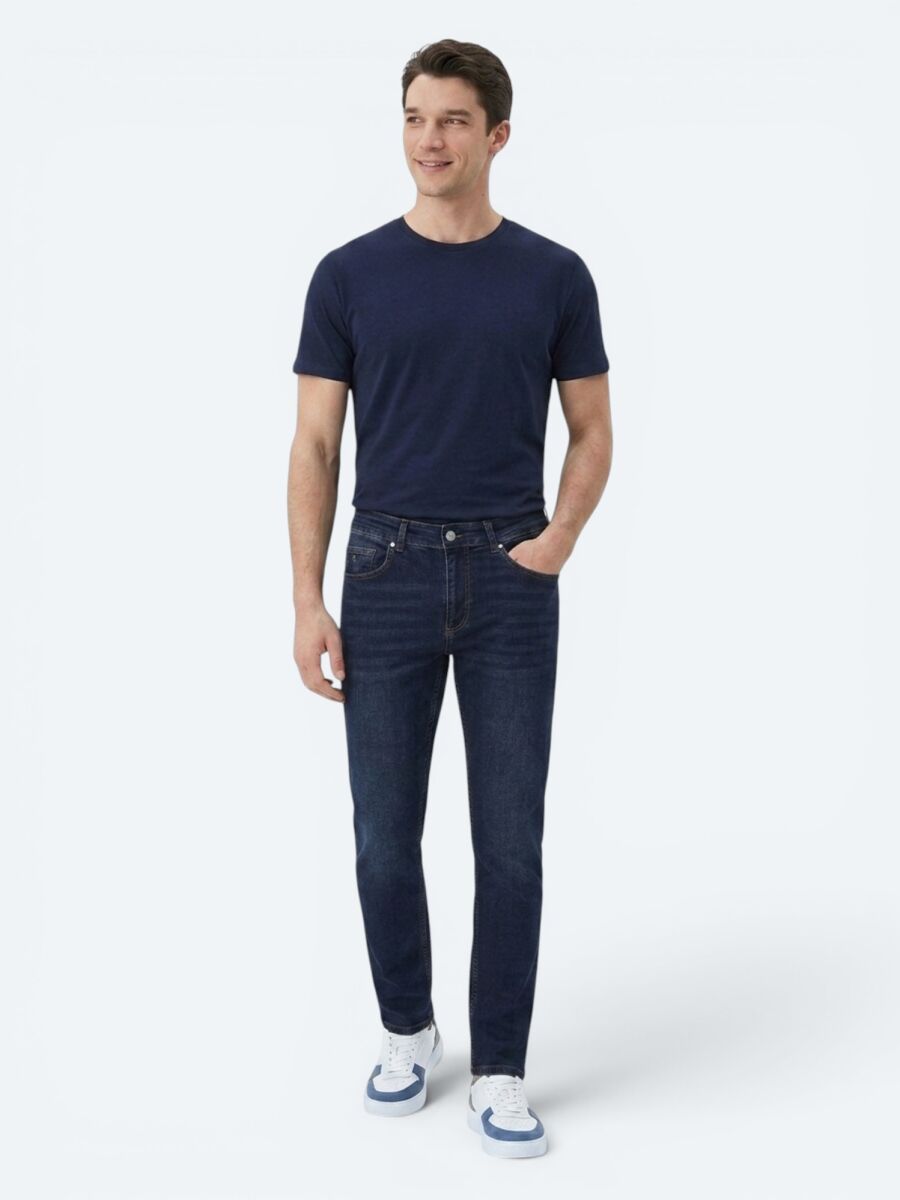 Navy Blue Slim Fit Denim Cotton Blended Trousers - 1