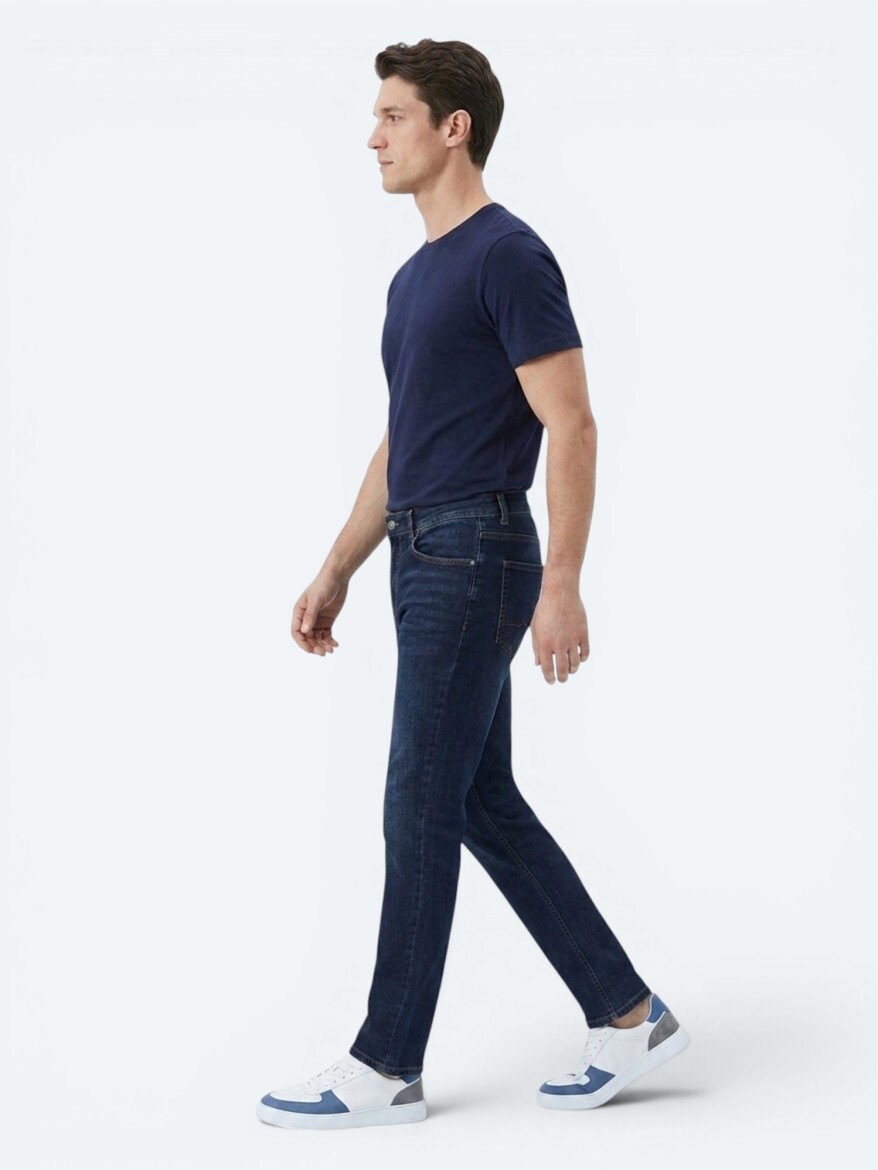 Navy Blue Slim Fit Denim Cotton Blended Trousers - 3