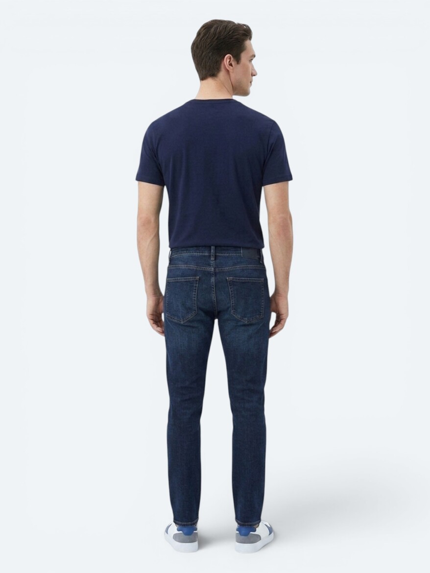 Navy Blue Slim Fit Denim Cotton Blended Trousers - 5