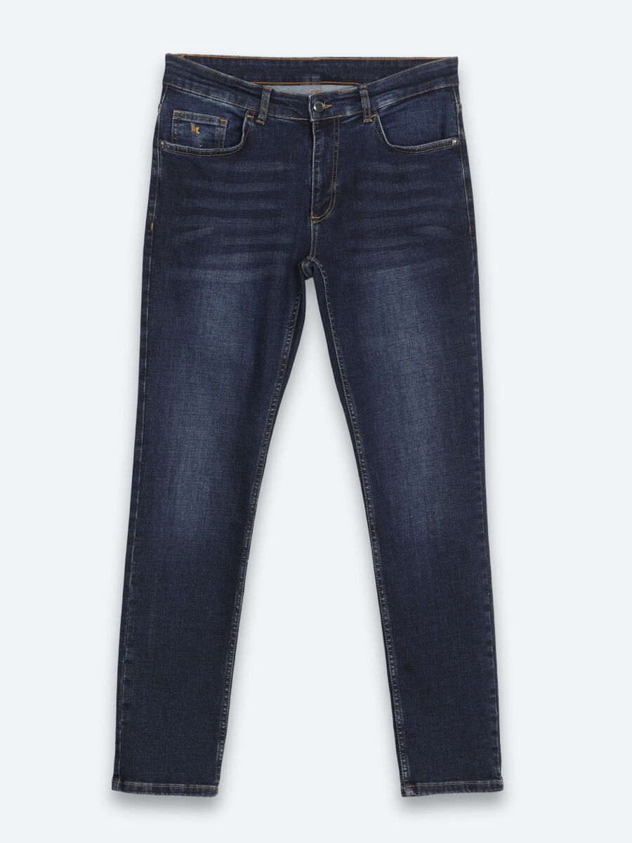 Navy Blue Slim Fit Denim Cotton Blended Trousers - 6