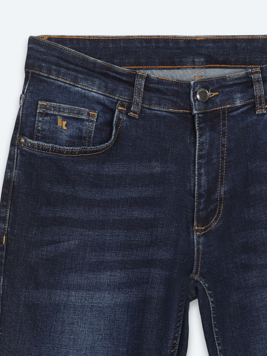 Navy Blue Slim Fit Denim Cotton Blended Trousers - 7