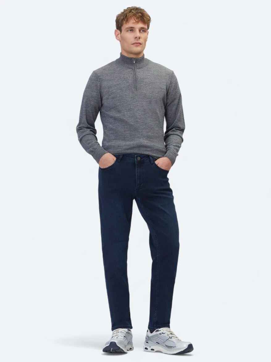 Navy Blue Slim Fit Denim Cotton Blended Trousers - KİP