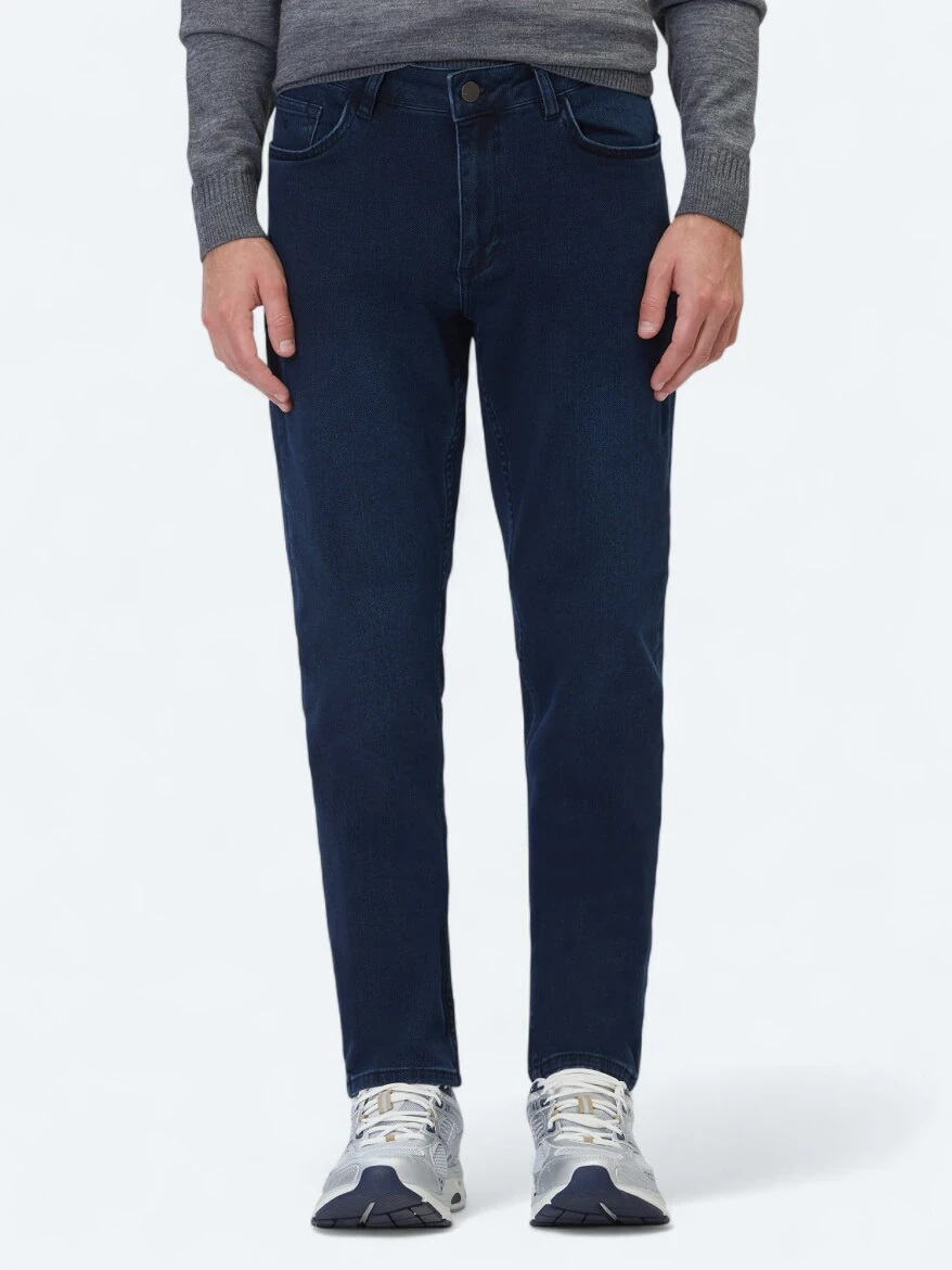 Navy Blue Slim Fit Denim Cotton Blended Trousers - KİP
