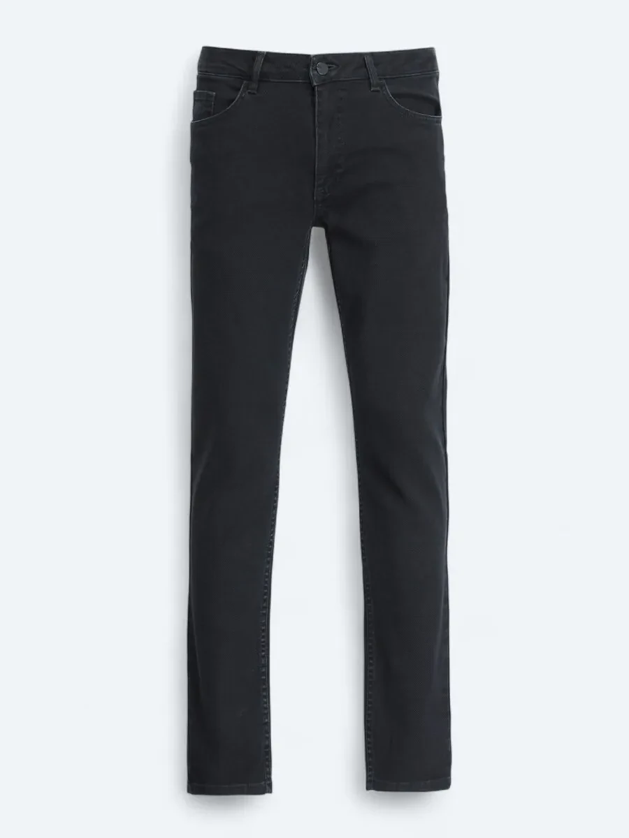 Navy Blue Slim Fit Denim Cotton Blended Trousers - 6