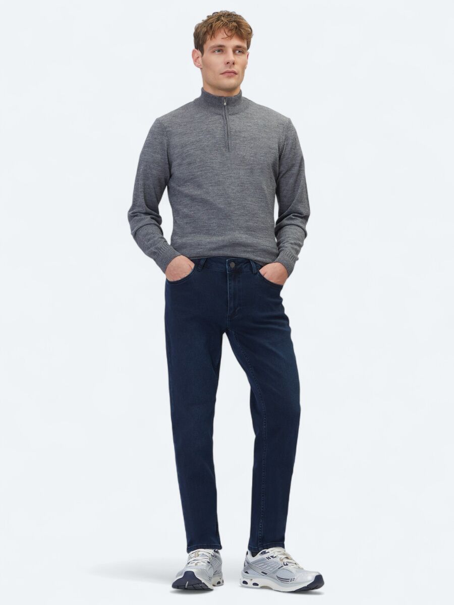 Navy Blue Slim Fit Denim Cotton Blended Trousers - 1