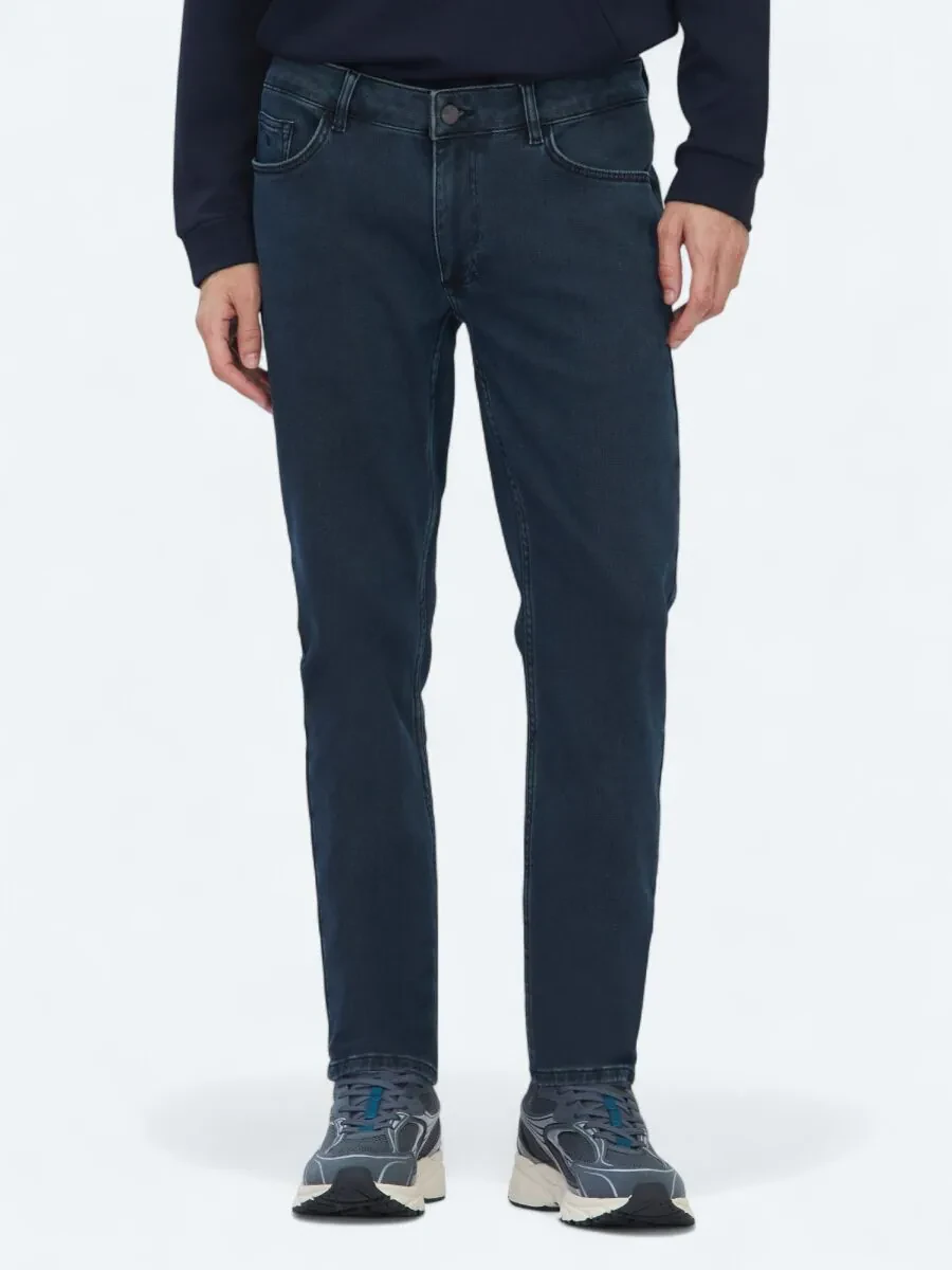 Navy Blue Slim Fit Denim Cotton Blended Trousers - 2