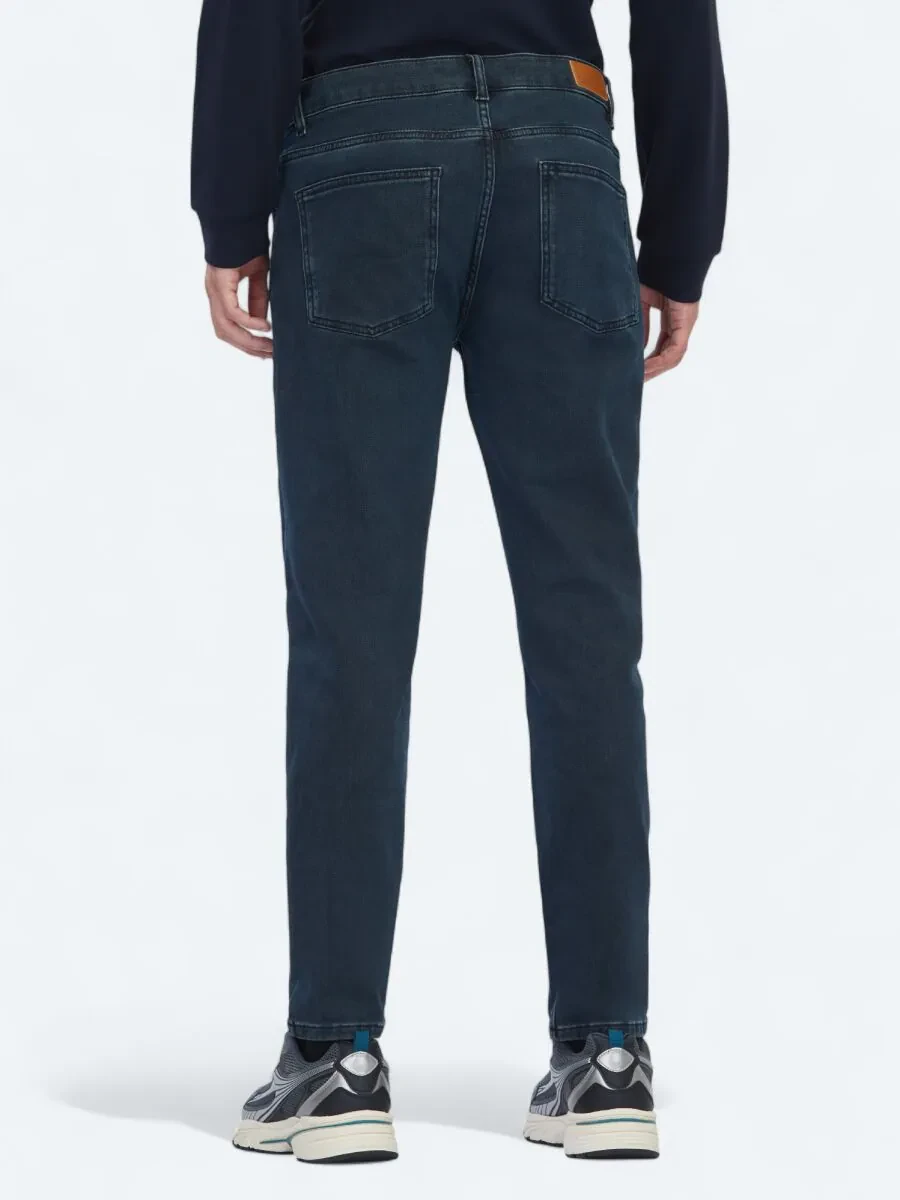 Navy Blue Slim Fit Denim Cotton Blended Trousers - 4
