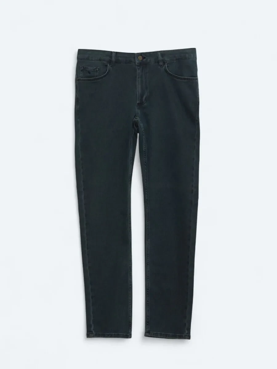 Navy Blue Slim Fit Denim Cotton Blended Trousers - 5