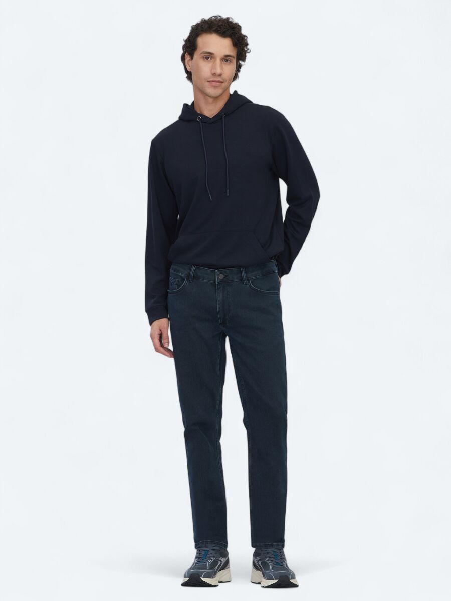 Navy Blue Slim Fit Denim Cotton Blended Trousers - 1