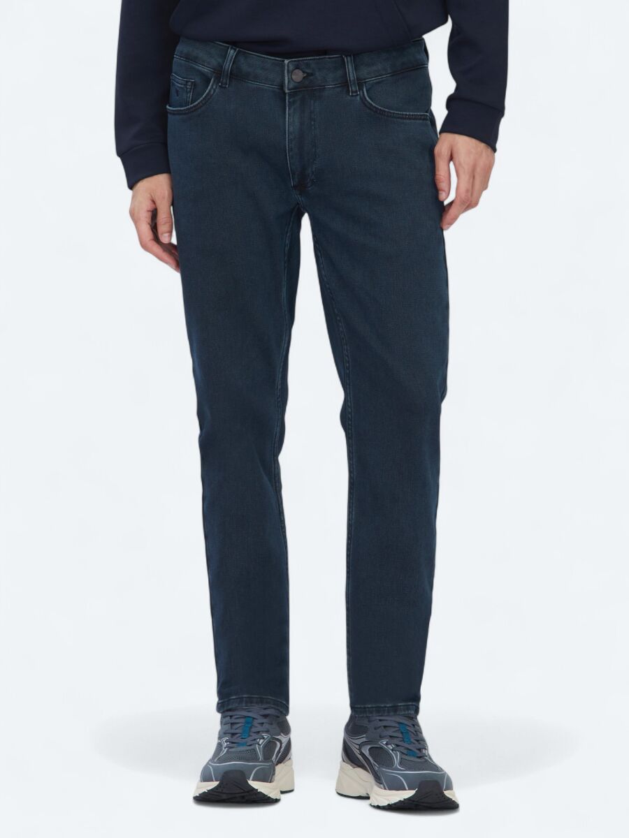 Navy Blue Slim Fit Denim Cotton Blended Trousers - 2