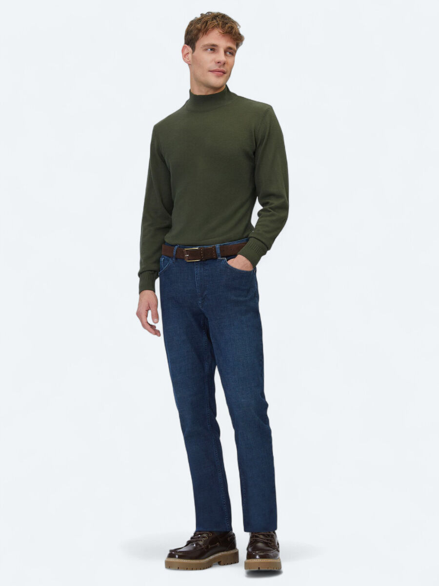 Navy Blue Slim Fit Denim Cotton Blended Trousers - 1