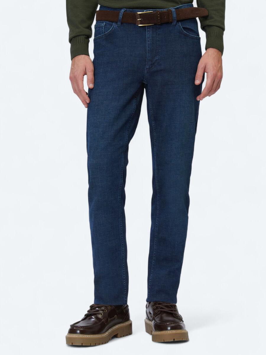 Navy Blue Slim Fit Denim Cotton Blended Trousers - 2