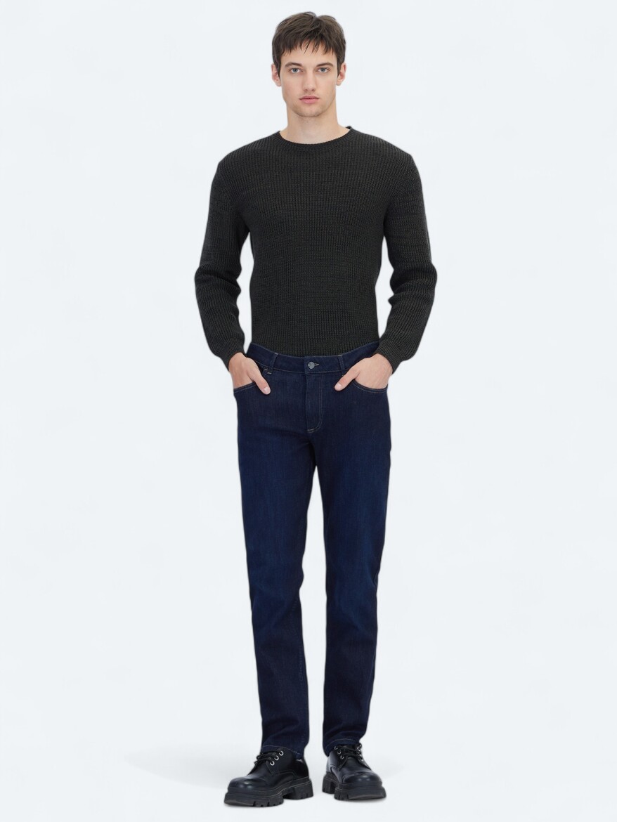 Navy Blue Slim Fit Denim Cotton Blended Trousers - KİP
