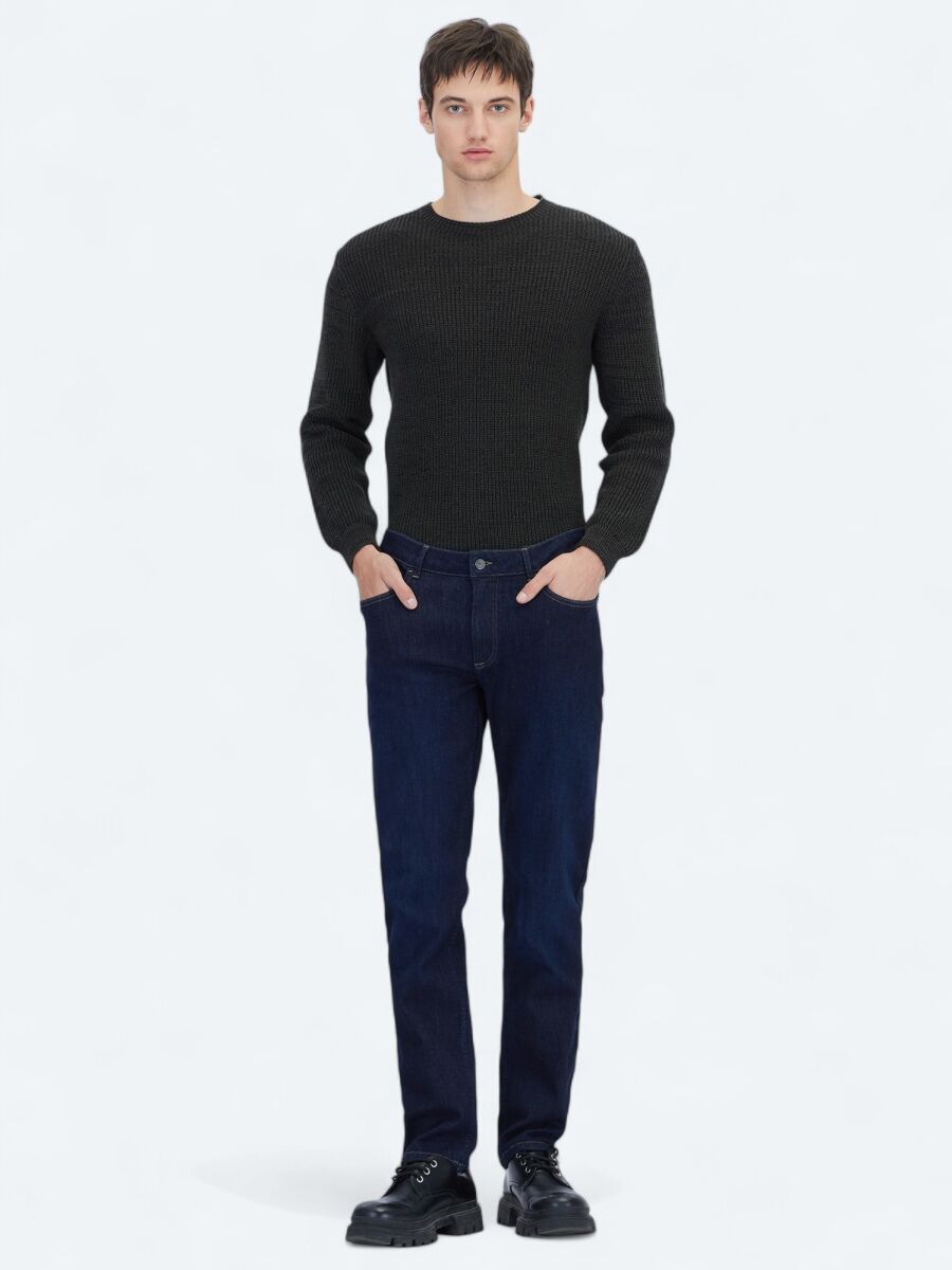 Navy Blue Slim Fit Denim Cotton Blended Trousers - 1
