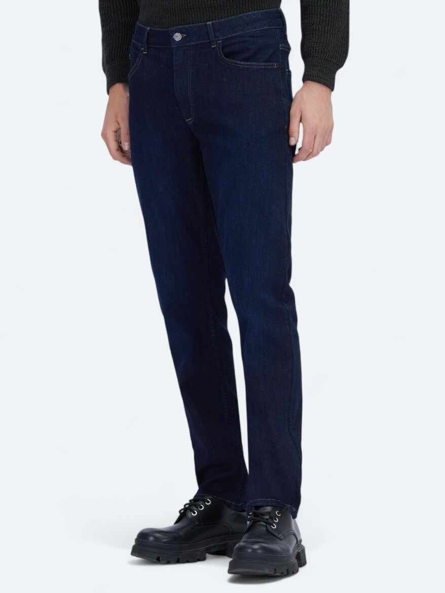 Navy Blue Slim Fit Denim Cotton Blended Trousers - KİP