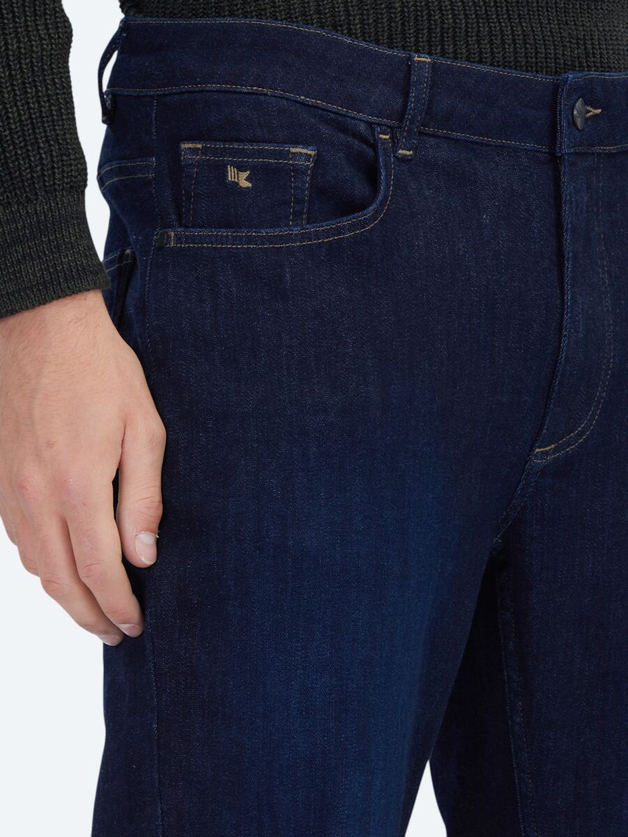 Navy Blue Slim Fit Denim Cotton Blended Trousers - 3