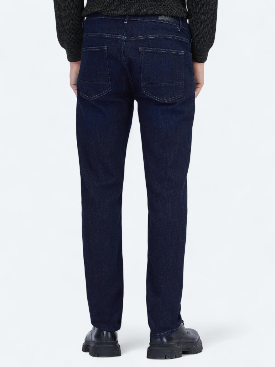 Navy Blue Slim Fit Denim Cotton Blended Trousers - 4