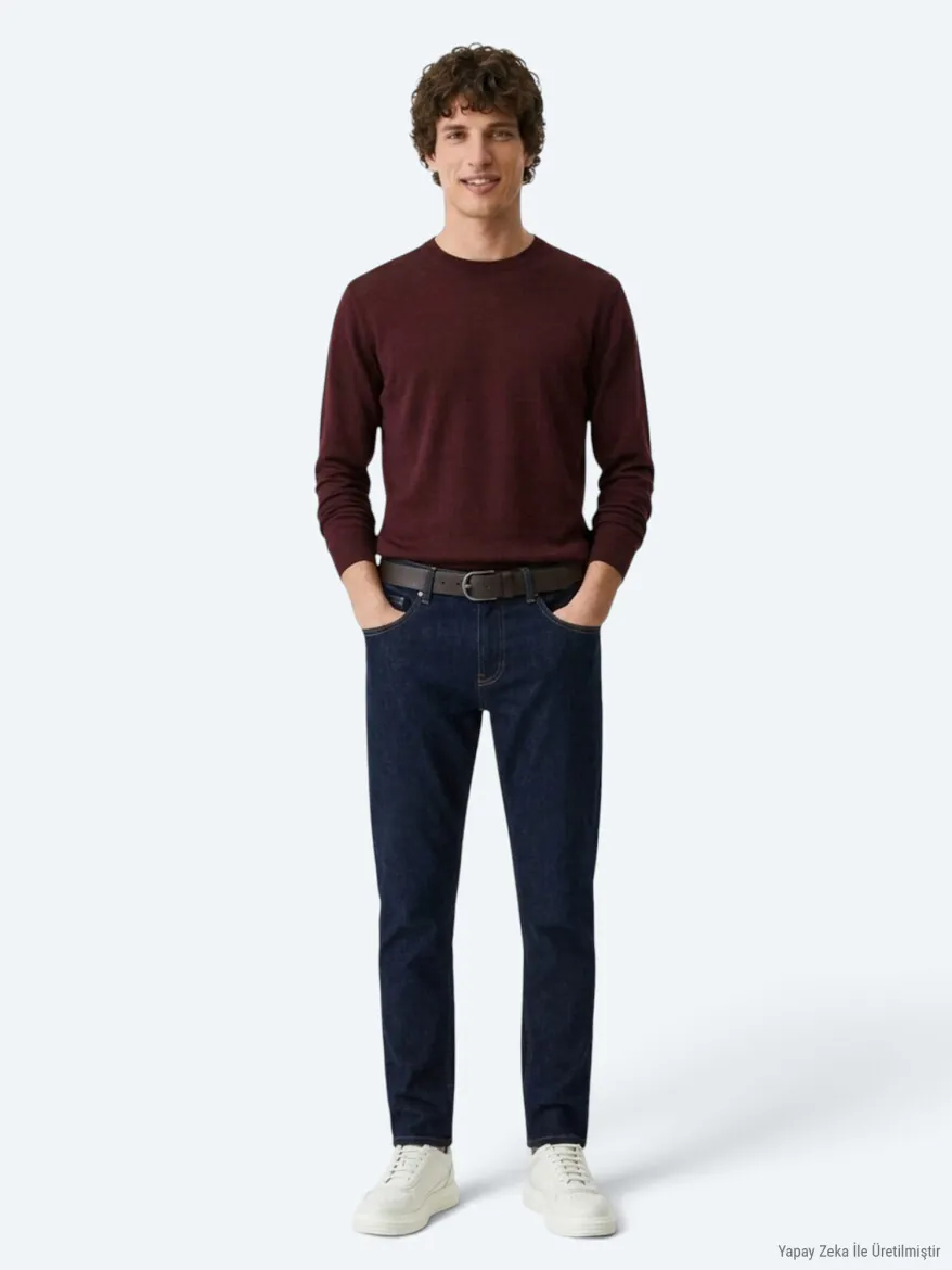 Navy Blue Slim Fit Denim Cotton Blended Trousers - KİP
